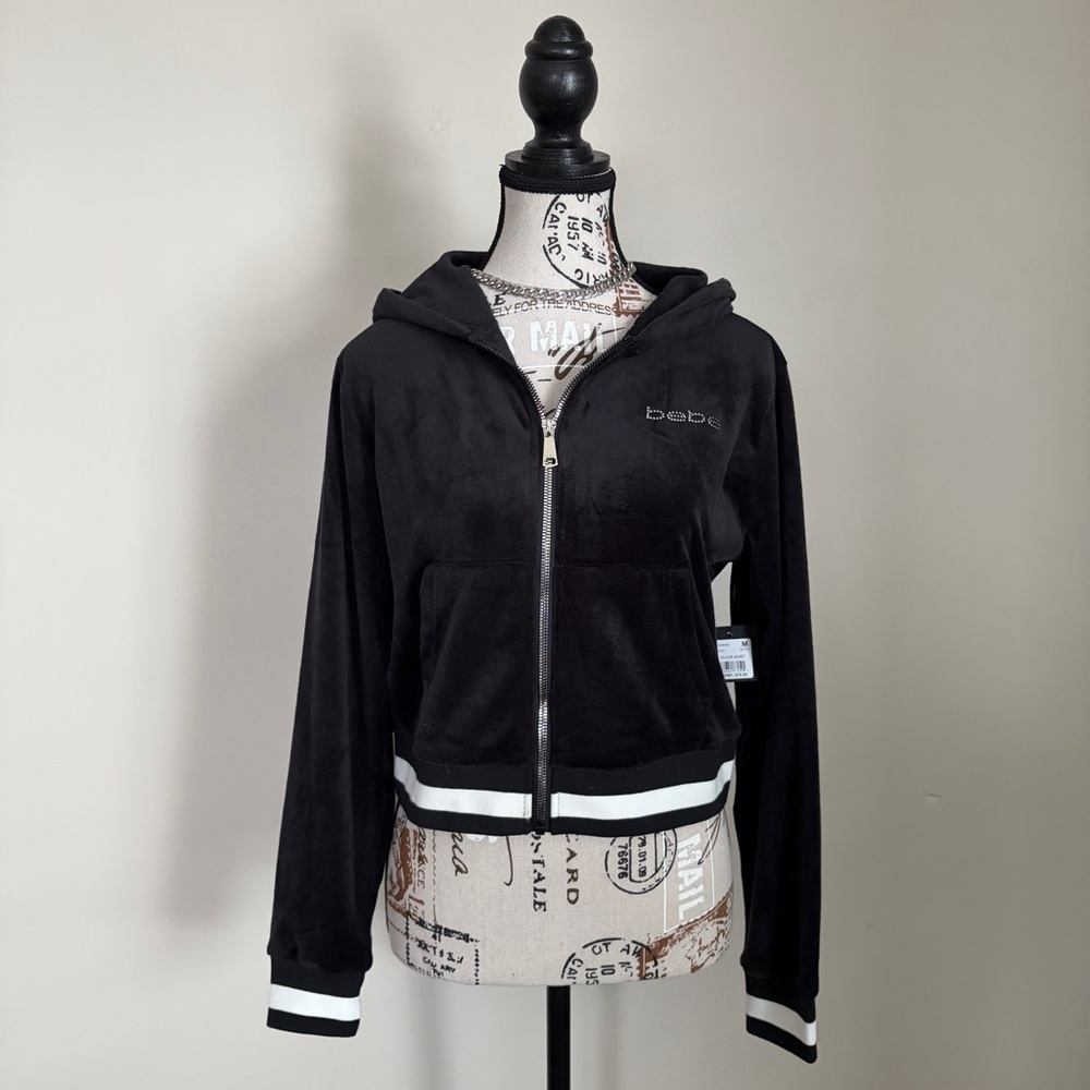 bebe rhinestone black velour zip up sweater